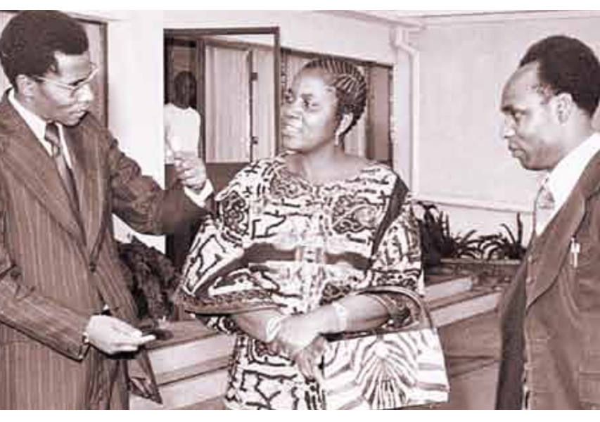 The Minister for Information and Broadcasting, Mr Daniel Mutinda (left), welcomes Zambia’s Minister of State for Economics, Mrs L. Monse, when she arrived at the Nairobi Airport on June 2,1976. On the right is Health Assistant Minister James Njiru