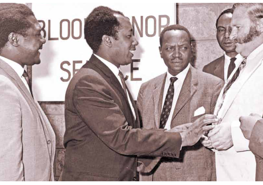 Cabinet ministers after donating blood on January 8, 1965. They are (from left) are Justice, Mr Thomas J. Mboya, Dr NjorogeMungai (Health) and Mr James S. Gichuru (Finance), the Assistant Director of Medical Services Dr J. Kinya, the Minister for Agriculture and Mr Bruce McKenzie