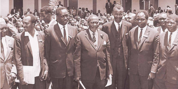 President Jomo Kenyatta with the newly elected Kanu provincial vicepresidents at the Limuru Conference Centre on March 16, 1966. They are from left Mr Ronald Ngala representing the Coast, Mr Jeremiah Nyaga (Eastern Province), Mr Daniel Moi (Rift Valley) Mr Lawrence Sagini (Nyanza), Mr Mwai Kibaki (central) and Mr Erick Khasakhala (Western)