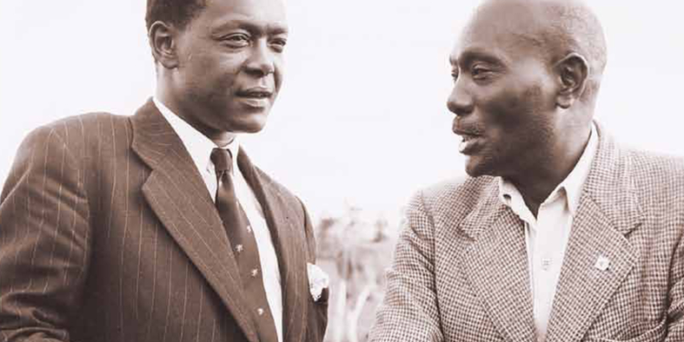 Mr Charles Njonjo (left) with his father, Senior Chief Josiah Njonjo of Kiambu, on May 6, 1956