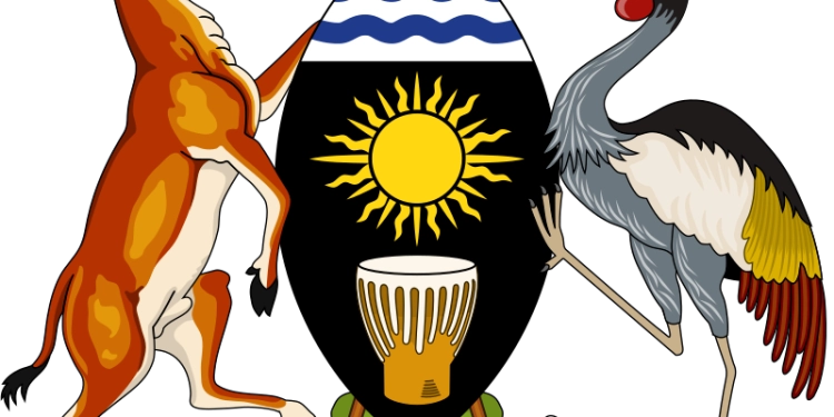 Coat of Arms of the of Uganda “ An achievement was adopted by the National Council, three weeks before the proclamation of independence. On 1 October 1962 it was approved by the Governor and fixed by law on 9 October. The achievement is: Arms.: Sable, upon the fess point a sun in splendour and in base a Uganda drum Or, the skin and guy ropes Argent, a chief barry wavy of six Azure and Argent. Behind the shield two Uganda spears of estate in saltire proper. Supporters: Dexter a male Uganda kob (Adenota kob thomasi - Bovidæ); sinister, a crested crane (Balearica pavonina gibberifrons - Balearicidæ), both proper. Compartment: A grassy mount down the centre of which flows a river, between dexter a sprig of coffee and in sinister a sprig of cotton, both leaved and fructed proper. Motto: FOR GOD AND MY COUNTRY. ”