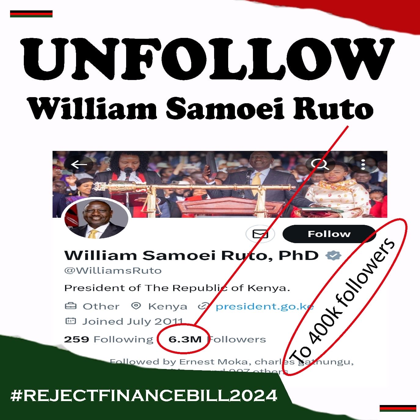 When you see it on your tl, just Re-tweet. Let the whole world unfollow William Ruto! Kaende Kaende, they will not believe!