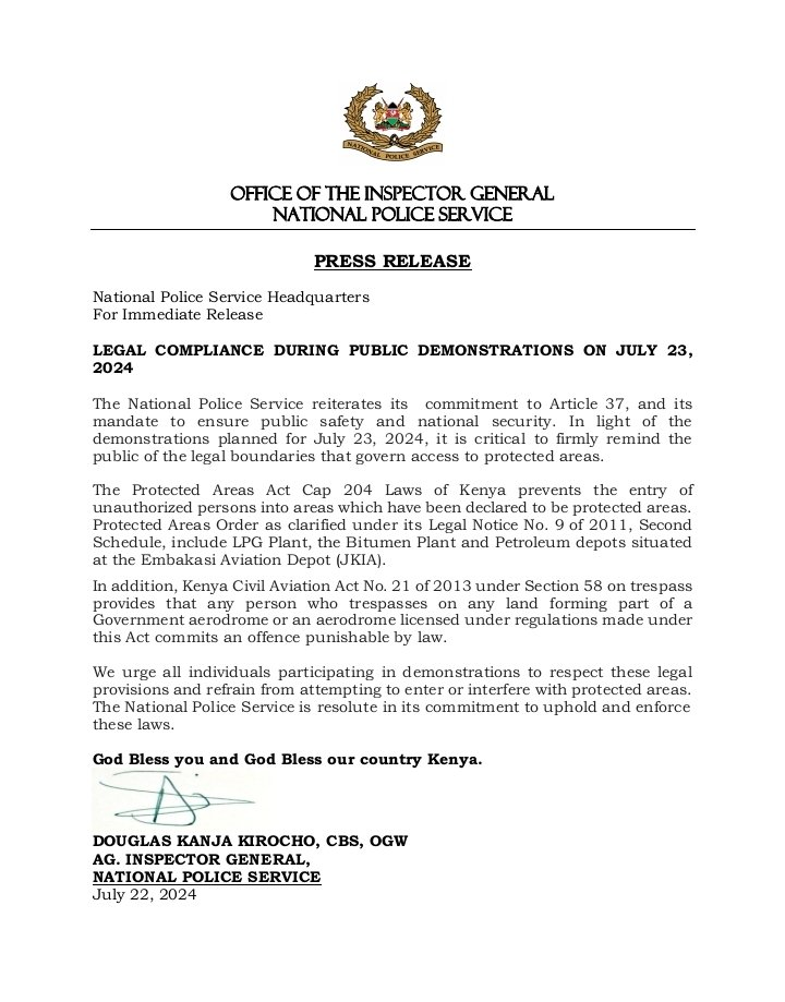 DOUGLAS KANJA KIROCHO, CBS, OGW AG. INSPECTOR GENERAL, NATIONAL POLICE SERVICE July 22, 2024