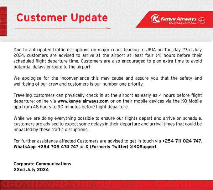 Kenya Airways Issues Advisory Ahead of July 23 Traffic Disruptions