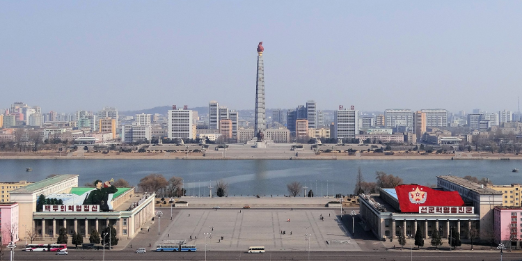 View of the Juche Tower from the roof of the Grand People's Study House