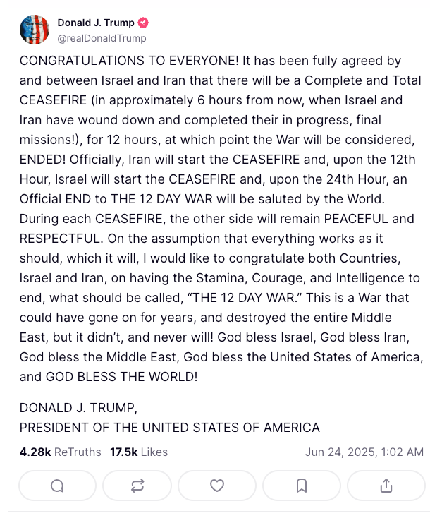 BREAKING NEWS: Trump Announces 12-Hour Ceasefire, Formal End to “12-Day War” Between Israel and Iran