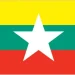 three equal horizontal stripes of yellow (top), green, and red; centered on the green band is a white five-pointed star that overlaps onto the adjacent colored stripes; the design revives the triband colors that Burma used from 1943 to 1945, during the Japanese occupation