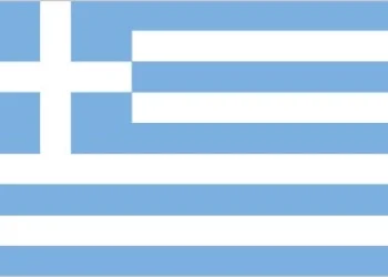 nine equal horizontal stripes of blue alternating with white; a blue square with a white cross is in the upper hoist-side corner; the cross symbolizes Greek Orthodoxy, the established religion of the country; there is no set meaning for the stripes and colors note: Greek legislation states that the flag colors are cyan and white, but cyan can mean "blue" in Greek, so the exact shade of blue has never been set and has varied from a light to a dark blue over time; the blue is now usually an azure