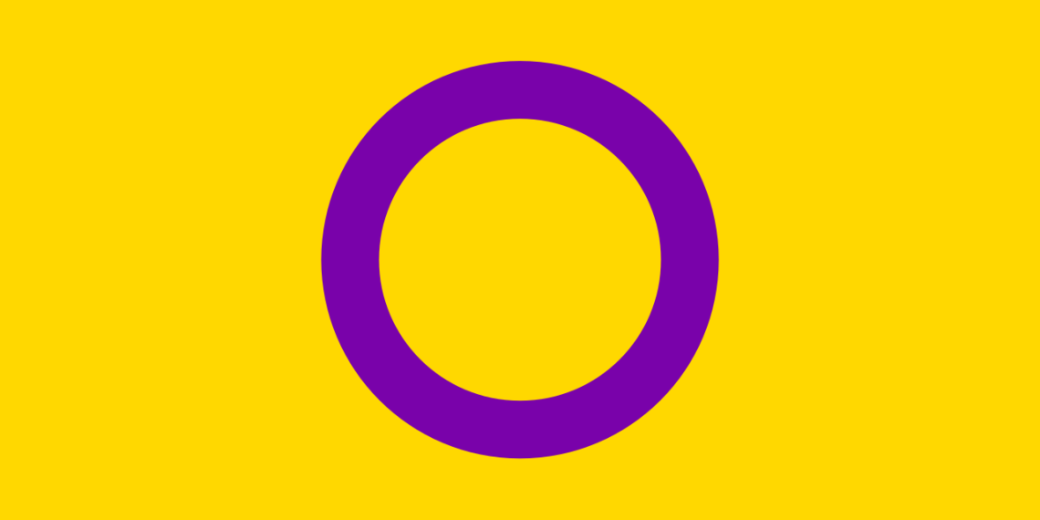Intersex flag, using colors that are non-derivative of endosex-associated colours pink and blue. The circle symbolises wholeness.