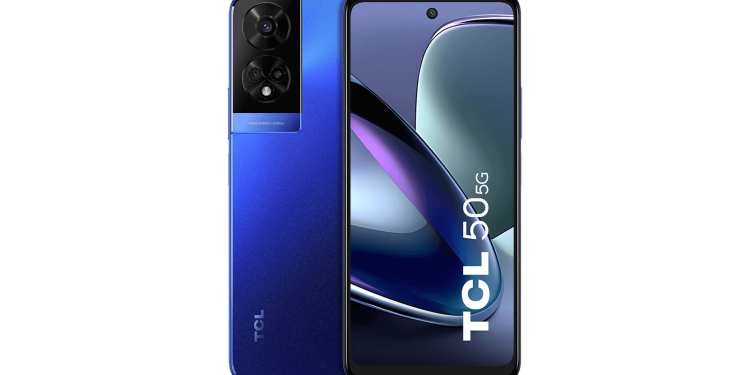 TCL 50 5G smartphone with blue finish and dual camera