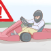 A driver in a go-kart wearing a helmet and safety gear, with a caution warning icon indicating the importance of safety while drifting on a go-kart.