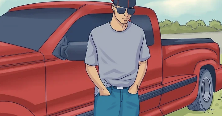 A young man wearing a cap and sunglasses leaning against a red pickup truck, representing the Takuache aesthetic in Mexican-American slang culture.