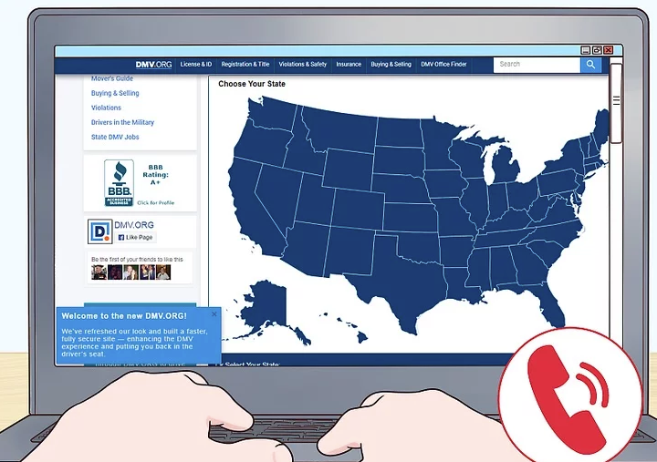 Illustration of a person visiting the DMV website on a laptop to register a homemade trailer in the U.S.