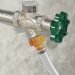 Close-up illustration of an RV water heater valve with a hose connection and control knob for water flow.