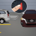 Illustration showing how to 90-degree park a large SUV using hazard lights and careful alignment in a parking lot.