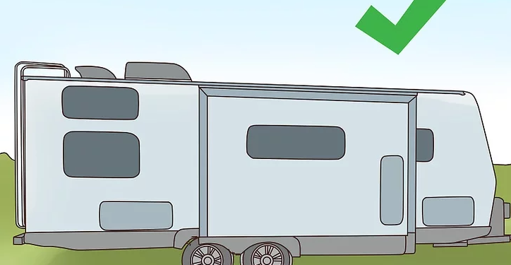 Illustration of a correctly leveled RV with its slide-out extended and a green check mark indicating proper setup.