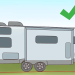 Illustration of a correctly leveled RV with its slide-out extended and a green check mark indicating proper setup.