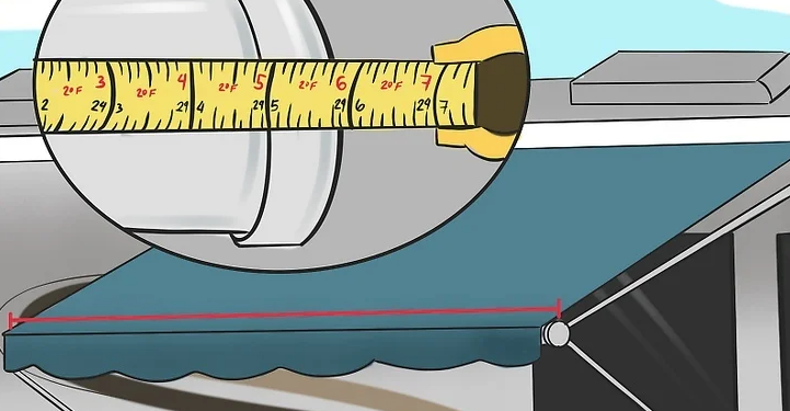 Illustration showing a tape measure used to measure the width of an RV awning for installation or replacement.