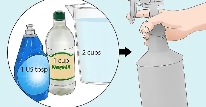 Illustration showing how to make a cleaning solution using vinegar, dish soap, and water for removing battery corrosion.