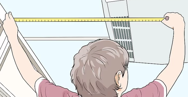 Illustration of a person using a measuring tape to measure space for an air conditioner or appliance installation.