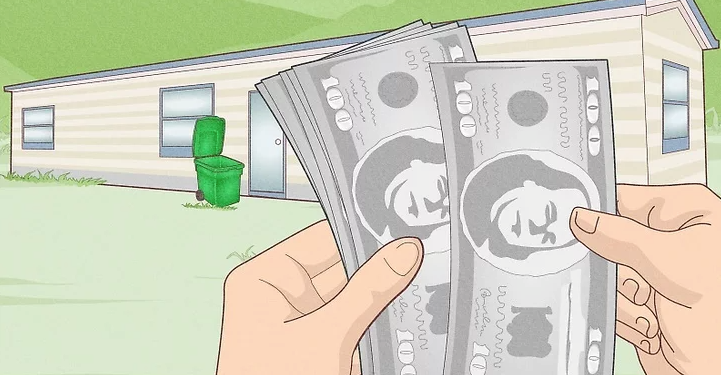 Illustration of a person holding cash in front of a mobile home, representing payment or purchase of property.