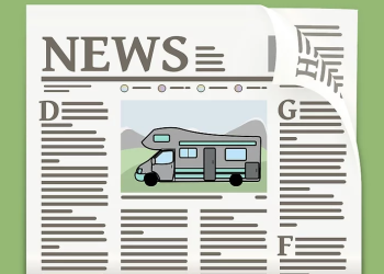 Illustration of a newspaper showing an RV image in the travel section, symbolizing road trip or camper news coverage.