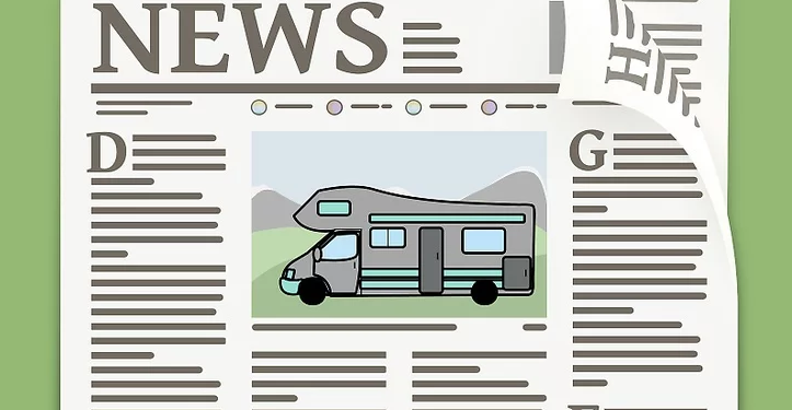 Illustration of a newspaper showing an RV image in the travel section, symbolizing road trip or camper news coverage.