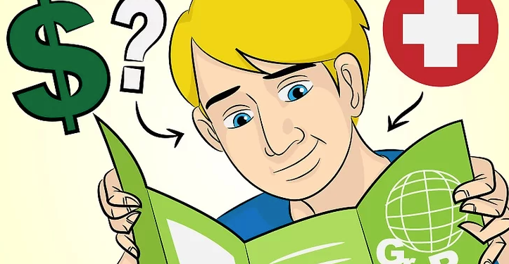 Illustration of a man reading a travel brochure with money and health symbols indicating cost and safety considerations.