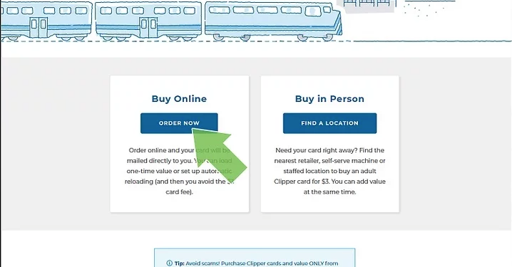 Screenshot showing the Clipper Card website with options to buy online or in person for public transportation payment.