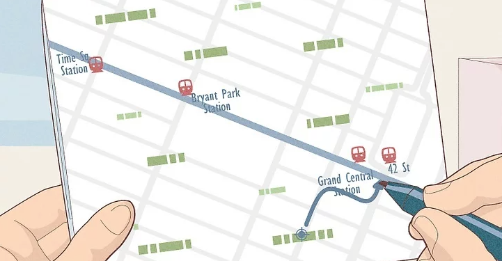Illustration of hands holding a city map and marking a subway route connecting Times Sq, Bryant Park, and Grand Central stations.