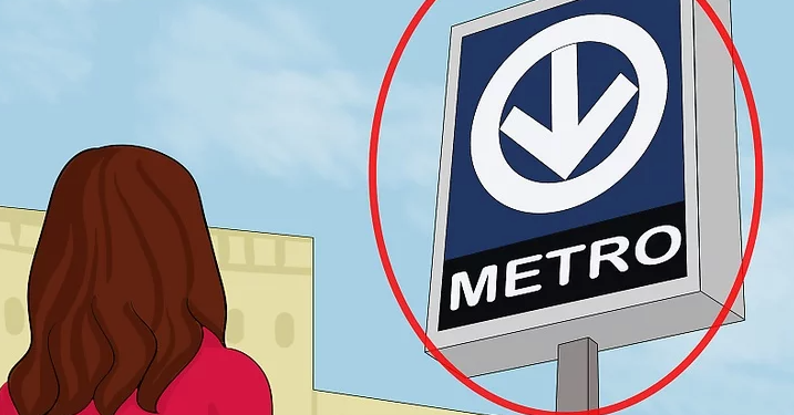 Illustration of a woman looking up at a metro station sign with a blue arrow symbol and the word “METRO.”