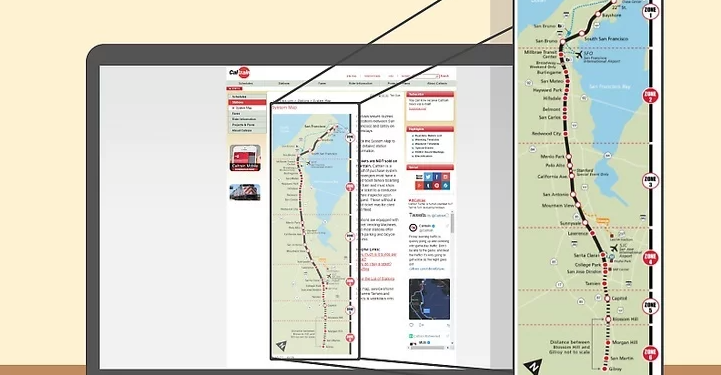 Illustration of a laptop showing a train route map online with a magnified section displaying station names and routes.