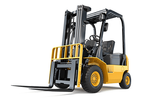 A yellow forklift truck used for lifting and moving pallets in warehouses and construction sites, featuring front forks, operator seat, and protective overhead guard.