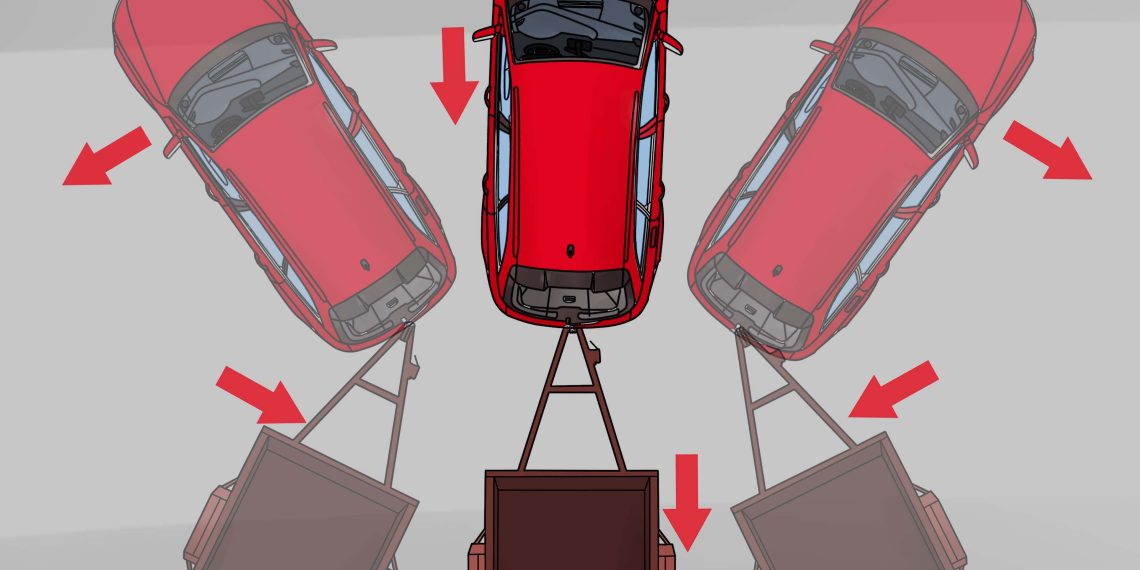 Illustration showing how to back a trailer with a car, demonstrating steering angles and trailer movement directions.