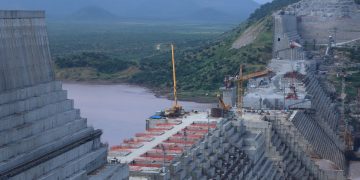 A view of the Grand Ethiopian Renaissance Dam (GERD) under construction on the Blue Nile River in Ethiopia.
