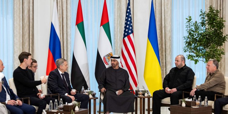 Trilateral peace summit in Abu Dhabi featuring U.S. envoys Steve Witkoff and Jared Kushner, UAE President Sheikh Mohamed, and delegates from Russia and Ukraine.
