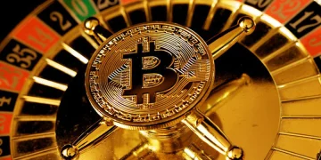 Bitcoin coin on roulette wheel representing crypto casinos guide