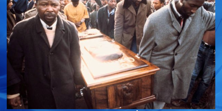 Black People's Convention members carrying Steve Biko coffin funeral 1977