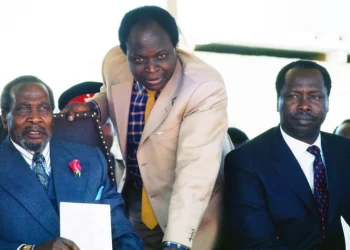 Historic image showing Jomo Kenyatta, Daniel arap Moi and Mwai Kibaki together during a public event in Kenya.